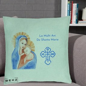 Cadou de Onomastica - Perna Personalizata Sfanta Marie Icoana Acuarela, 40x40 cm, Verde Menta, Husa Detasabila, Perna Inclusa, BEKZ®