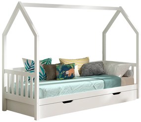 Pat‑căsuță 90 × 200 cm ALB cu balustradă și sertar – refugiu sigur și somn liniștit – gamă Dallas – Vipack
