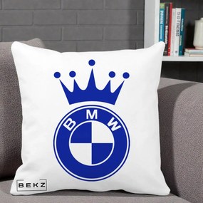 Perna Personalizata cu emblema BMW si Coroana, 40x40 cm, Alba Mata, Husa Detasabila, Perna Inclusa, BEKZ®