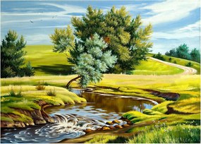 Tablou pe sticlă - Râu între câmpii, pictură în ulei (70x50 cm)