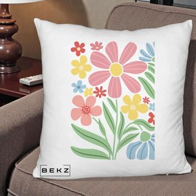 Perna Decorativa Flori Grafice Roz Pastel, 40x40 cm, Alb Pufos, Husa Detasabila, Perna Inclusa, BEKZ®