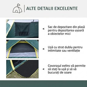 Outsunny Cort pentru Camping pentru 2 Persoane, Cort pentru Exterior Automatic Pop Up cu Copertina, Buzunare Interioare si Covoras, 205x195x135cm