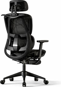 Scaun ergonomic, functie translatie sezut, cotiere reglabile 3D, tetiera 3D, suport lombar 3D Adaptive, pivotant, suport picioare, Negru