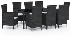 Set mobilier de exterior cu perne, 9 piese, negru, poliratan Negru, Lungime masa 190 cm, 9