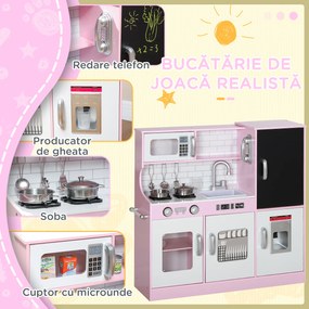 AIYAPLAY Bucătărie de Jucărie din Lemn pentru Copii 3-8 Ani cu Accesorii Roz | Aosom Romania