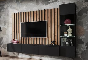 Set mobila living, suspendata, prindere perete, cu riflaj inclus, usi deschidere prin apasare, vitrina cu led, stejar artisan negru mat, 220 cm