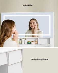 Masuta machiaj cu Oglinda LED si 9 Sertare pentru Cosmetice, Set Masa toaleta 109 cm, Alb, masuta cosmetica, vanity - SEA19