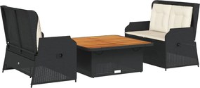 vidaXL Set mobilier de grădină cu perne, 3 piese, negru, poliratan