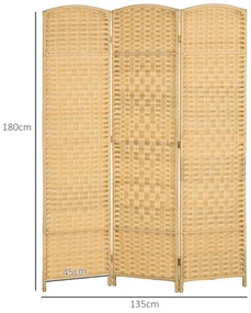 HOMCOM Paravan Interior Pliabil cu 3 Panouri Împletit din PP și Lemn de Pin, 135x1,7x180 cm, Lemn Natural | Aosom Romania