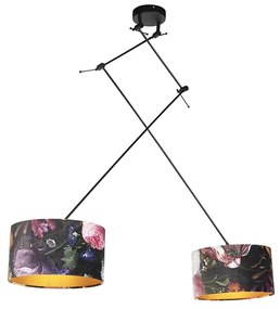 Lampă suspendată neagră cu abajururi din catifea cu flori cu auriu 35 cm 2 lumini - Blitz