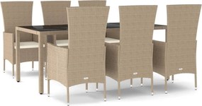 vidaXL Set de masă pentru grădină, 7 piese, cu perne, bej, poliratan