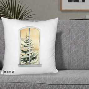 Perna Decorativa Fereastra cu Brad de Iarna, 40x40 cm, Alb Pufos, Husa Detasabila, Perna Inclusa, BEKZ®