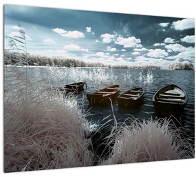 Tablou pe sticlă - Bărci de lemn pe lac (70x50 cm)