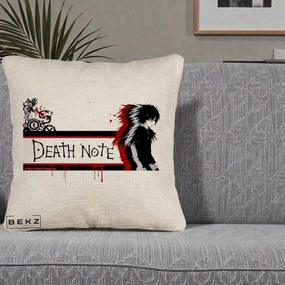 Perna Personalizata Death Note L Lawliet Rosu-Negru, 40x40 cm, Bej Canapea, Husa Detasabila, Perna Inclusa, BEKZ®
