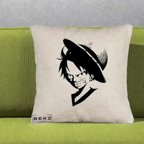 Perna Personalizata One Piece Luffy Silueta Alb-Negru, 40x40 cm, Bej Canapea, Husa Detasabila, Perna Inclusa, BEKZ®