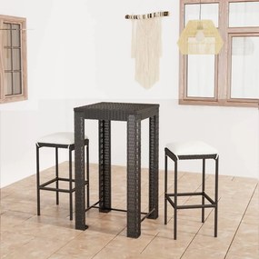 Set mobilier bar de gradina cu perne, 3 piese, negru, poliratan Negru, Lungime masa 60.5 cm, 3, Da