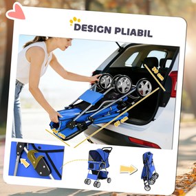 PawHut Cărucior pentru Câini Pliabil cu Husă de Ploaie, Roți Pivotante și Pernă Lavabilă, 77x44x102 cm, Albastru | Aosom Romania