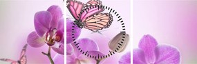 Tablou - Fluture pe flori de orhidee, liliac (cu ceas) (90x30 cm)