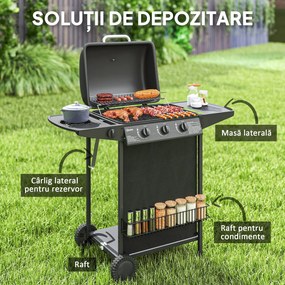 Outsunny Grătar pe Gaz cu Capac, Termometru, Masă Laterală și Tavă pentru Colectarea Grăsimii, 108x54x97 cm, Negru | Aosom Romania
