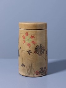 Borcan din ceramică artizanală natur cu capac, motive florale și păsări pictate manual, maro și roșu, 22 × 12 cm, „Campana"
