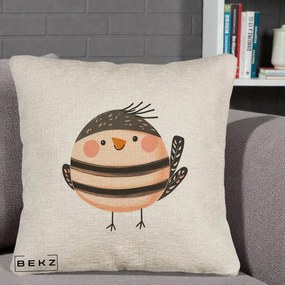 Perna Decorativa Pui Kawaii Bej-Negru Dungat, 40x40 cm, Bej Canapea, Husa Detasabila, Perna Inclusa, BEKZ®