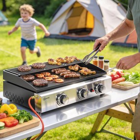 Outsunny Plancha pe gaz din inox, 3 arzătoare, grătar pe gaz cu plită emailată și grilă de menținere la cald, 7,5 kW, 62x44x21cm, Negru | Aosom Romania