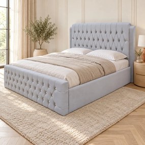 Pat tapițat Chesterfield din catifea Aveline Deluxe 180×200 cm, gri deschis, cu ladă de depozitare