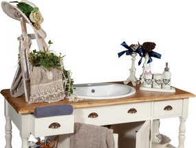 Mobilier de baie din lemn masiv, lavoar ceramica , alb antichizat  natur, L128x54xH92 cm