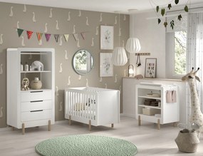 Set mobilier pentru copii SMILE, alb, pat 60 x 120 cm cu bare robuste și bază reglabilă, masă de schimbat cu trei rafturi deschise și dulap cu suport