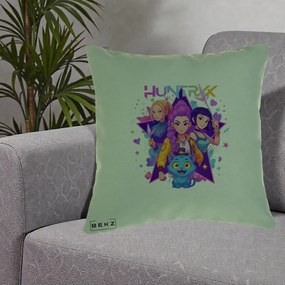 Perna Personalizata K-pop HUNTRX Trio cu Pisica Stele, 40x40 cm, Verde, Husa Detasabila, Perna Inclusa, BEKZ®