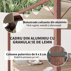 Outsunny Pergolă de Grădină cu Acoperiș Retractabil și Cadru din Aluminiu cu Aspect de Lemn, 382x300x232 cm, Lemn Natural | Aosom Romania