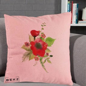 Perna Decorativa Buchet Rosu Acuarela, 40x40 cm, Roz, Husa Detasabila, Perna Inclusa, BEKZ®