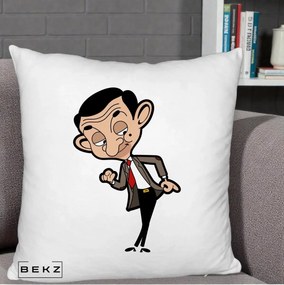 Perna Personalizata Mr. Bean Caricatura, 40x40 cm, Alb Pufos, Husa Detasabila, Perna Inclusa, BEKZ®