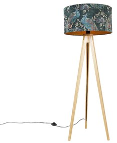 Lampa de podea modernă din lemn cu abajur din stofă negru cu model de păun 50 cm - Tripod Classic