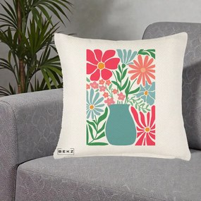 Perna Decorativa Flori in Vaza Turcoaz, 40x40 cm, Crem Reliefat, Husa Detasabila, Perna Inclusa, BEKZ®