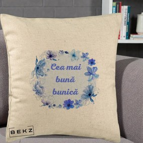 Cadou pentru Bunica - Perna Personalizata Cea Mai Buna Bunica Coronita Flori Albastre Acuarela, 40x40 cm, Bej, Husa Detasabila, Perna Inclusa, BEKZ®