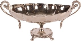 Bol de servire oval din alamă lucrată manual, argintiu, pe picior, cu două mânere, fructieră și centru de masă, 15 x 34 x 16 cm, „Sheffield”