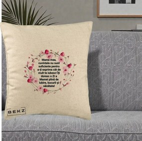 Cadou pentru Mama - Perna Personalizata Mama Mea Mesaj Floral, 40x40 cm, Bej, Husa Detasabila, Perna Inclusa, BEKZ®