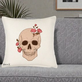 Perna Decorativa Craniu Floral Gothic, 40x40 cm, Crem Reliefat, Husa Detasabila, Perna Inclusa, BEKZ®