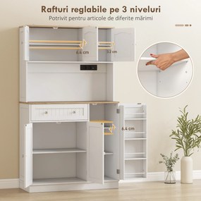 HOMCOM Dulap de bucătărie înalt, 173 cm, cu stație de încărcare, spațiu pentru cuptorul cu microunde, rafturi reglabile, 4 suporturi pentru condimente, alb | Aosom Romania