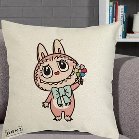 Perna Personalizata Labubu Roz cu Morisca, 40x40 cm, Ecru, Husa Detasabila, Perna Inclusa, BEKZ®