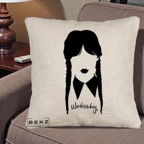 Perna Personalizata Wednesday Addams Silueta Alb-Negru, 40x40 cm, Bej Canapea, Husa Detasabila, Perna Inclusa, BEKZ®