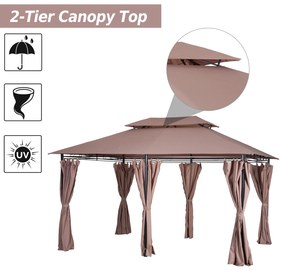 Outsunny Foisor din Otel cu Acoperis Dublu si Perdele Impermeabile culoare kaki 4 x 3 m | Aosom Romania