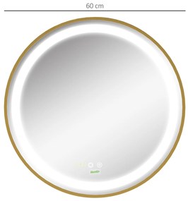 kleankin Oglindă de Baie Rotundă cu Lumină LED, Luminozitate Reglabilă și Întrerupătoare Touch, Ø60x4 cm, Auriu | Aosom Romania