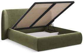 Pat matrimonial verde tapițat cu spațiu de depozitare cu somieră 180x200 cm Hauke – Makamii