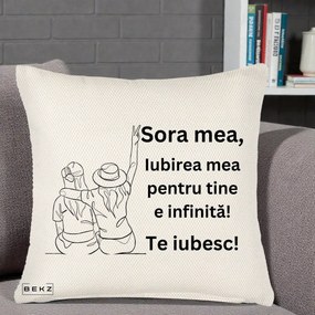 Cadou pentru Sora - Perna Personalizata Sora Mea Te Iubesc Line Art Portrete Colorate, 40x40 cm, Crem Reliefat, Husa Detasabila, Perna Inclusa, BEKZ®