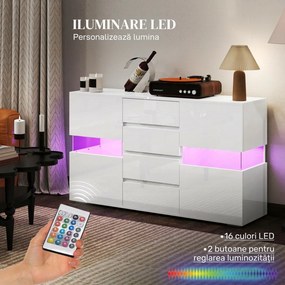 HOMCOM Bufet cu Lumini LED Reglabile prin Telecomandă, Mobilier de Sufragerie cu 4 Sertare și 2 Dulapuri, 120x34x70 cm, Alb | Aosom Romania