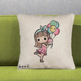 Perna Decorativa Fetita Kawaii cu Baloane si Cupcake, 40x40 cm, Bej Canapea, Husa Detasabila, Perna Inclusa, BEKZ®