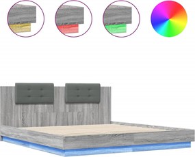 vidaXL Cadru de pat cu tăblie și lumini LED, gri sonoma, 160x200 cm