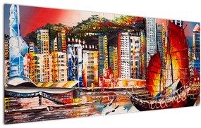 Tablou - Victoria Harbour, Hong Kong, pictură în ulei (120x50 cm)